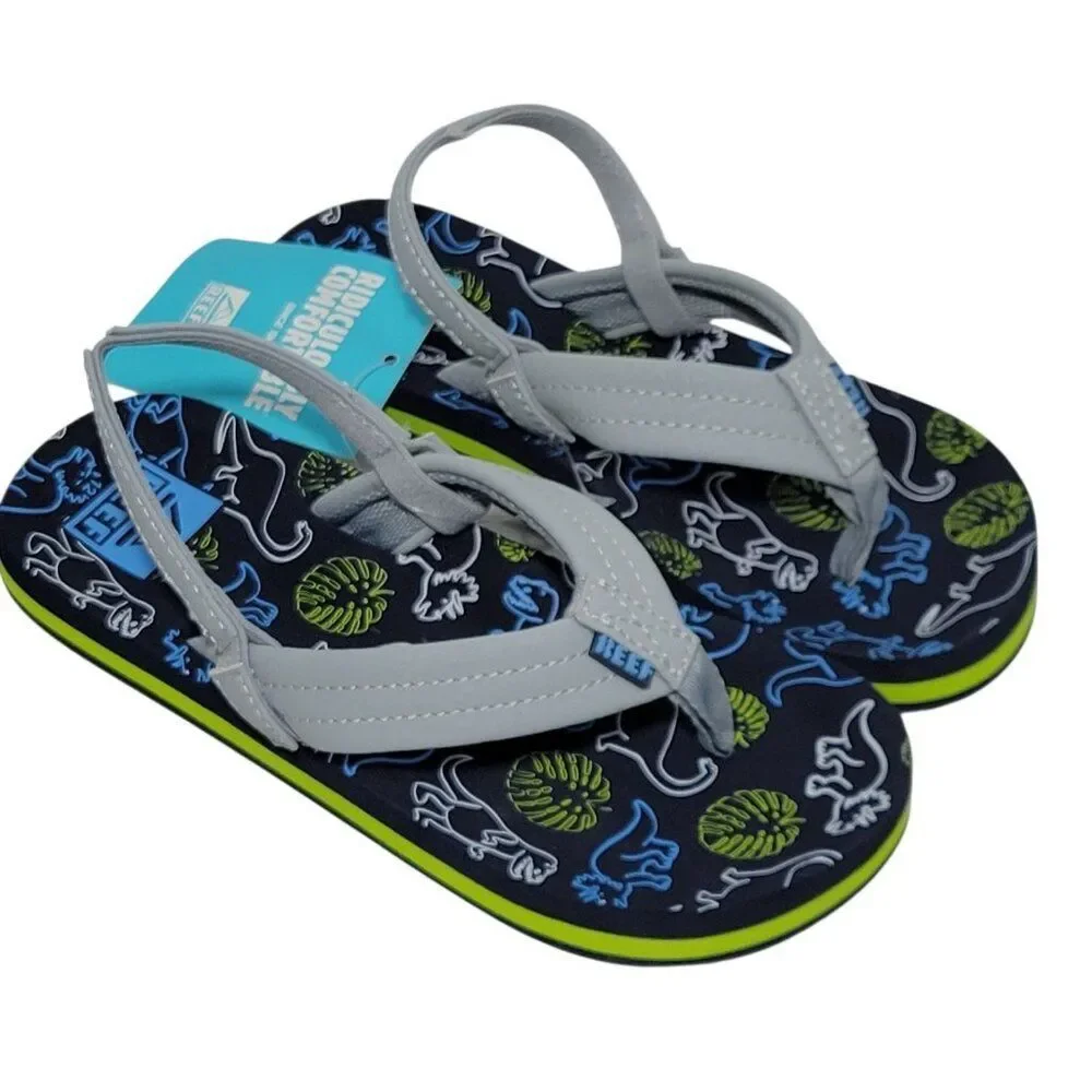 Reef Flip Flop Sandals Toddler Boy Size 12 Ahi Dino Dinosaur Gray Blue Backstrap